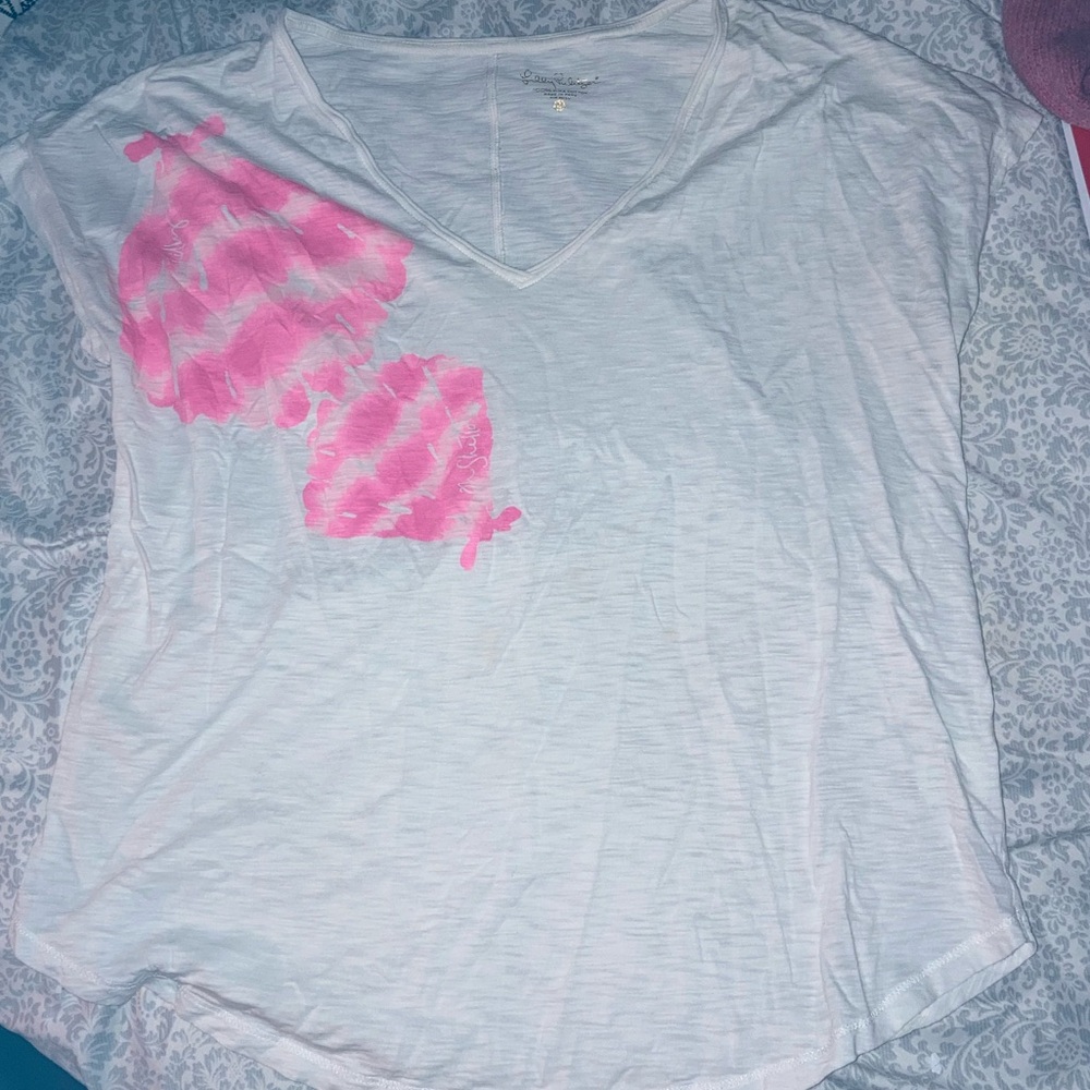 Lily Pulitzer White V-Neck Tee with Pink Tie-Dye Accent